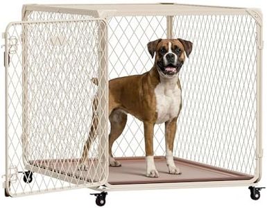Aurapaws 42 Inch Diamond Mesh Dog Crate for Large Dogs, Durable Metal Dog Kennel Indoor with Lockable Wheels, Double Secure Latch Dog Cage with Removable Tray, Easy to Assemble, 200Lb Capacity, Beige