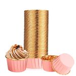 100 Pcs Cupcake Cases, Cake Muffin Liners, Greaseproof Foil Baking Cups Paper Wrappers, Foil Metallic Cupcake Paper Cups Household Oven Birthday Wedding Party Muffins Pastry Molds (Pink)