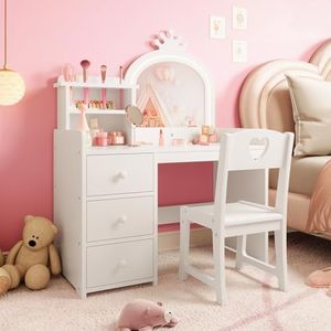 GarveeHome Kids Vanity Desk with Mirror and Lights, White Princess Wooden Makeup Vanity with Chair, Storage Shelves and Drawers, 2-in-1 Girls Dressing Table