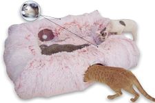 XxingSheep 4 Cave Shuttled XL Cat Tunnel Bed for Indoor Cats Peekaboo Toy Donut with Warm Mat, Pinkish White