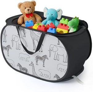 Stuffed Animal Storage Basket with Zipper Lid - Collapsible Toy Basket with Handles - Foldable, Lightweight Sturdy Fabric Animal Print Toy Bin for Kids, Boys, Girls, Playroom, Bedroom, Black