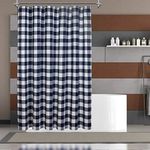 Buffalo Check Shower Curtain: Cotton Blend Plaid Woven Texture & Machine Washable, Water-Repellent, Rustic Farmhouse Style for Bathroom - Indigo Blue and White, 72x72 Inch