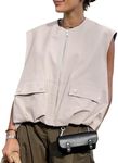 PAODIKUAI Women's Casual Zip Up Vest Cargo Ruched Hem Lightweight Sleeveless Blazer Oversized Jackets Top with Pockets, Light Grey, Small