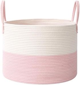 JMvicyroam Woven Blanket Basket,115L Large Rope Storage Bin with Handles, Organizer for Blankets Toys Book and Clothes, Laundry Basket for Living Room Bedroom Nursery,White&Pink