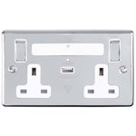 13A 2 GANG SP SWITCHED SOCKET WI-FI EXTENDER + 1X2.4A USB CHARGER POLISHED CHROME WHITE TRIM