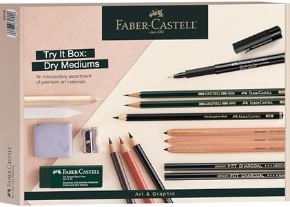 Faber-Castell Try It Box: Dry Mediums - 17 Piece Sketching Drawing Art Set with featuring Colored Pencils, Graphite Pencils, Charcoal Pencils, Pitt Artist Pen and Art Tools