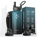 Coolflask Water Bottle 32 oz with Reusable Straw & Spout Lid, Vacuum Stainless Steel Wide Mouth 1/4 Gallon Thermo Canteen Mug, BPA-Free Keep Cold for 48 Hrs or Hot for 24 Hrs, Samurai Cyan