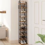 Hzuaneri Vertical Shoe Rack,10 Tier Narrow Shoe Shelves, Wood Shoe Organizer for Closet, Entryway, Shoe Tower for Small Spaces, Free Standing, Adjustable, with 2 Hooks, Rustic Brown and Black SR11201B