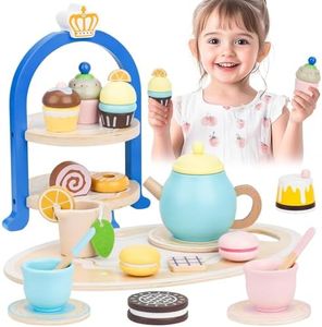 Wooden Tea Sets for Toddlers 3-5, Princess Tea Party Set for Little Girls with Cupcake Stand and Food Accessories, Pretend Play Educational Toys for 3 4 5 6 Year Old Girl and Boy Birthday Gift