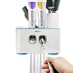 Toothbrush Holder Wall Mounted, WEKITY Multi-Functional Toothbrush and Toothpaste Dispenser for Bathroom, with 5 Toothbrush Slots, 2 Toothpaste Squeezers and 4 Cups(Blue)