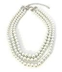 Womens Faux Pearl 3 Layer Multi Strand Gatsby Necklace Statement Bib Bead (White)