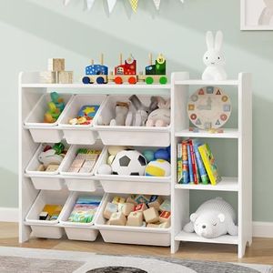 MallBest 4-Tier Kids' Toy Storage Organizer Shelf - 100% Solid Wood,Children's Storage Cabinet with 9 Plastic Bins and 3 Storage Ports(White-Single Color)