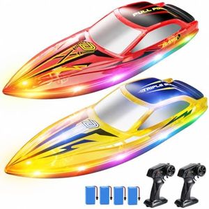 DEERC 2-Pack Fast RC Boats for Kids, Dual-Style Racing Set with LED Lights, 20 KPH High-Speed Remote Control Boats, 4×1200mAh Batteries, Waterproof Toy for Lakes & Pools