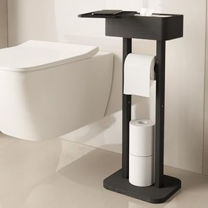 Wealone 4-in-1 Black Toilet Paper Holder Stand with Storage Shelf Box, Bamboo Free Standing Toilet Tissue Roll, Toilet Wipes Dispenser Organizer, Temporary Desktop for Bathroom (Patent Protection)