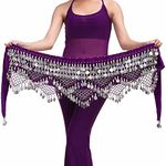 Baisdan Women's Sweet Belly Dance Hip Scarf, Belly Dance Skirt Wrap Gold Coins Belly Dance Costume Purple with Silver Coins