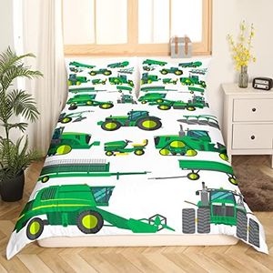 Erosebridal Equipment Trucks Duvet Cover, Excavators Comforter Cover Twin Size Green Vehicle Quilt Cover for Child Kids Child Boys Teens Construction Tractor Bedding Set for Bedroom Decor