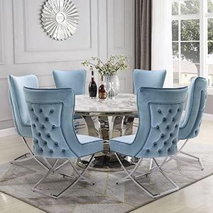 LOULENS Elegance Velvet Dining Chairs Set of 6, Luxury Comfortable Dining Room Chair, Accent Upholstered Chairs with Stainless Steel Legs for Dining Living Room, Blue