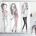 Ambesonne Fashion Shower Curtain, Sketch Cute Cartoon Design Girls with Makeup Clothes Illustration Image, Cloth Fabric Bathroom Decor Set with Hooks, 84 Inches Extra Long, Pale Pink White Black