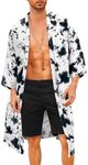 COOFANDY Mens Kimono Robe Lightweight Open Front Long Cardigan Japanese Silk Bathrobe Casual Robes Black white (Tie-Dye Style), Small