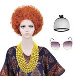 Probeauty Short Curly Orange Wig for Cosplay, Reddish Afro Wig with Glasses for Adult Fluffy Wavy Brown Cosplay Wigs with Wig Cap for 60s 70s Halloween Costume Party