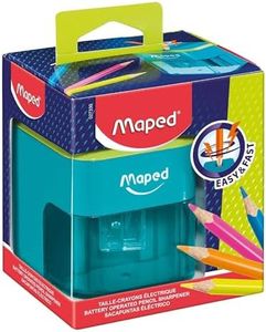Maped - Taille-Crayon électrique à piles - 1 trou Diamètre Standard 6 �à 8 mm - Taillage automatique et rapide - Avec réservoir - Bicolore
