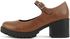 Soda “Boxer” ~ Women Mary Jane Round Toe Chunky Block Heel Lug Sole Pump with Adjustable Strap (Cognac Pu, US Footwear Size System, Adult, Women, Numeric, Medium, 9)