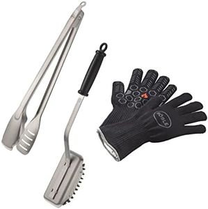 RÖSLE Barbecue Premium-Set 3-teilig., Hochwertiges Grillset mit Premium Grillhandschuhen, BBQ-Grillzange und Reinigungsbürste SlideX, Edelstahl, Silbern/Schwarz