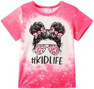 PATPAT Girls Shirts Size 8-9 Pink Kid Life Graphic Tees, Kid Life Shirts for Girls, Crew Neck Short Sleeve Pink Tops Fashion Clothes Coming Home Outfit Preppy Tops