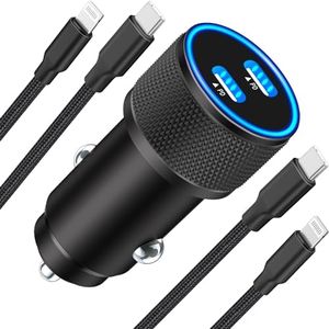[Apple MFi Certified] iPhone Fast Car Charger, Linocell 60W Dual PD Power Cigarette Lighter USB-C Car Charger Fast Charging+2Pack Type-C to Lightning Braided Cable for iPhone 14 13 12 11 Pro XS 8 iPad