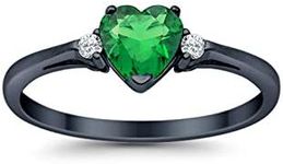 Blue Apple Co. 925 Sterling Silver Promise Ring Heart Shaped Simulated Emerald Black Tone Rhodium PL Clear CZ Accent, 925 Sterling Silver,Metal, Created Emerald