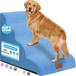 Zerbuger Dog Stairs for Small Dogs, Curved Pet Steps for Old/Injured Dogs Cats Climbing Bed, Chair or Couch, Premium Foam Non-Slip Ramp for Indoor Pets (Blue, 29" D x 15.7" W x 20" H, 4)