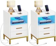 YITAHOME Nightstand with Charging Station and LED Lights, End Side Table with 2 Drawers, Modern Bedside Table for Bedroom with USB Ports and Outlets, Open Storage, Set of 2, White