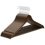 SONGMICS Wooden Hangers, Set of 10, Coat Hangers, Clothes Hangers, with Shoulder Notches, Anti-Slip Trousers Bar, 360° Swivel Hook, for Suits, Shirts, Coats, Dark Walnut and Silver CRW001V01