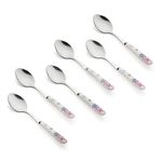 MGeezz Floral Stainless Steel Spoons Set Home & Restaurant Dinner Table Spoon With Ceramic Handle Chamach (Floral Small Spoons,Set Of 6), 23 Centimeters