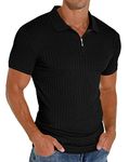 Askdeer Men's Polo Shirts Short Sleeve Zipper Polo Shirt Slim Fit Casual T Shirt Stretch Ribbed Golf Shirt Black