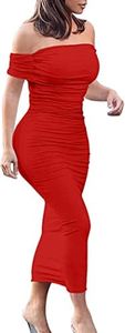 GOBLES Women's Ruched Off Shoulder Short Sleeve Bodycon Midi Elegant Cocktail Party Dress, Red, Small