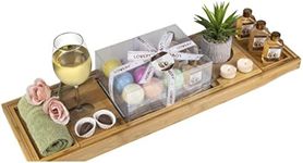 from Son, Premium Bamboo Bathtub Caddy Tray Gift Set with Bath Bombs, Shower Gel, Shampoo & Bubble Bath, Luxury Bathtub Tray with Book & Wine Holder, Expandable Tray to Fit Any Tub