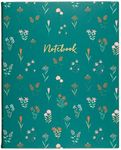 WORLD TRAVELER Eccolo Large Lined Journal Notebook, Hardbound Cover, Writing Journal, 256 Ruled Ivory Pages, Ribbon Bookmark, Lay Flat, Desk Size, Tiny Flowers (Green, 8x10 inches)