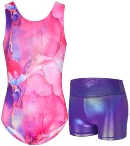 Nokecina Gymnastics Leotards for Girls Sparkly Tumbling Bodysuits with Shorts Athletic Activewear Sleeveless Dance Outfit, Purple Gold Set, 6-7 Years
