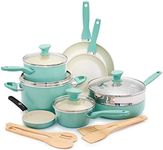 GreenPan Rio Healthy Ceramic Non-Stick 16 Piece Pots and Pans Cookware Set, Includes Frying Pans, Saucepans, Utensils,PFAS Free,Stay-Cool Handle,Oven Safe up to 160°C,Dishwasher Safe,Turquoise & Cream