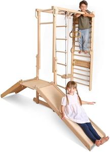 9-in-1 Wooden Indoor Climbing Frame for Children, Montessori-Inspired Climbing Set with Wall Bars, Monkey Bars, Pull-Up Bar, Rings, Swing, Rope Ladder, Climbing Board, Slide & Platform