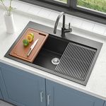 TECASA Workstation Kitchen Sink, 33 inch Granite Composite Single Bowl Topmount Sink with Accessories Drying Rack and Cutting Board - Matte Black