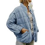 FeMereina Womens Dolman Lightweight Quilted Jackets Zip Up Long Sleeve Stand Neck Pockets Coat Warm Winter Outwears (Sky Blue, Medium)