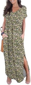 GRECERELLE Women Casual Sundress Short Sleeve Long Tshirt Dress Split Maxi Beach Dresses Travel Vacation Outfits M, Black Yellow