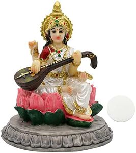 alikiki Small India Idol Sarawati Statue - 3.9”H Hindu Goddess Saraswati Figurine for Car Dashboard Decor Indian Home Office Temple Mandir Pooja Item Diwali Festival Puja Gift