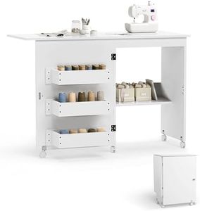 CRAFTEASE Folding Sewing Table Multipurpose Craft Station Desk Rolling Sewing Cabinet Sewing Machine Cart with Lockable Casters, Shelves, Storage Trays, Magnetic Doors, Metal Doorknobs - White