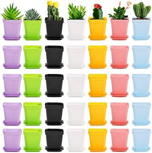 Hedume 70 Pack Mini Plastic Flower Seedling Nursery Pot with Pallet, 3" Colorful Square Plant Pot, Indoor Outdoor Flower Plant Container, Decor for Room, Garden, Office and Balcony (7 Colors)