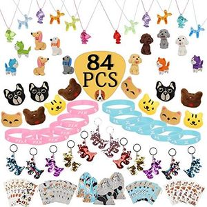 foci cozi 84 Pcs Dog Paw Party Favos Set Toy Pack- Dog Brooch Necklace Keychain Luminous Bracelet Tattoo Sticker Erasers Puppy Gift Bag for Kids Birthday Goody Bags Animal Theme Supplies
