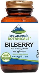 Pure Mountain Botanicals Bilberry Extract Supplement - Antioxidant, Supports Healthy Eye Function - Vegan Kosher Capsules with 250mg Organic Bilberry Leaf & 50mg Potent Fruit Extract.