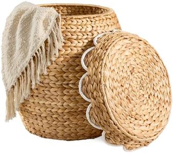 Best Choice Products Scalloped Multipurpose Hyacinth Storage Basket, Plant Décor, Handwoven Organizer Tote for Bedroom, Living Room, Nursey, w/Lid - Natural with White Trim